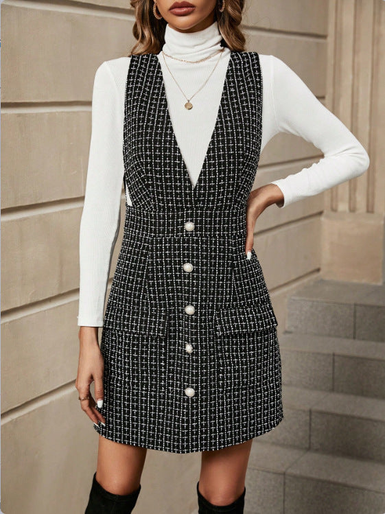 Button Front Tweed Overall Dress