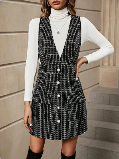 Button Front Tweed Overall Dress