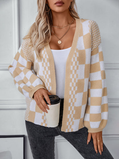 Autumn Winter Sweater Cardigan Women Fashion Checkered Cardigan