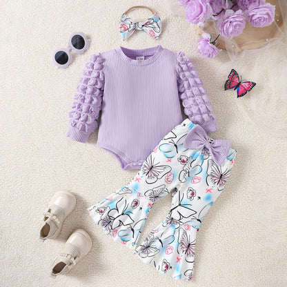 Baby Girls 3pcs Set Ribbed Romper + Bow Flare Pants + Headband