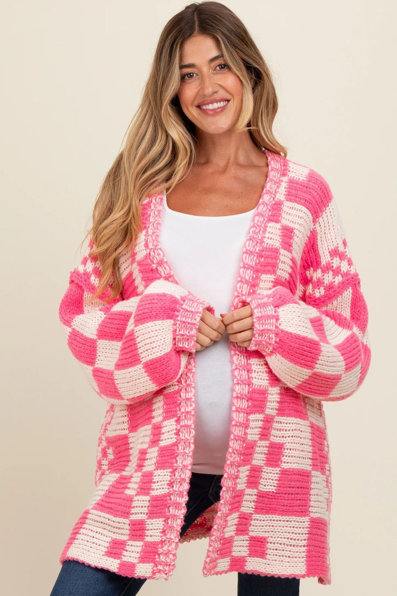 Women Checkered Knitted Sweater Cardigan