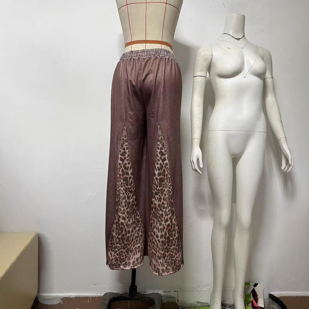 Women Leopard Patchwork Wide Leg Pants