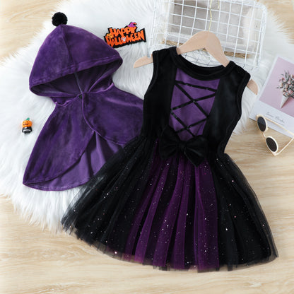 Little Princess Glittery Mesh Dress with Hooded Cape for Halloween