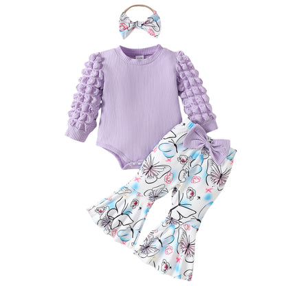 Baby Girls 3pcs Set Ribbed Romper + Bow Flare Pants + Headband
