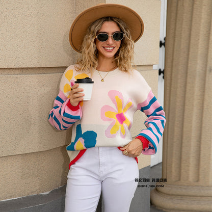 Women Floral Striped Sleeve Sweaters