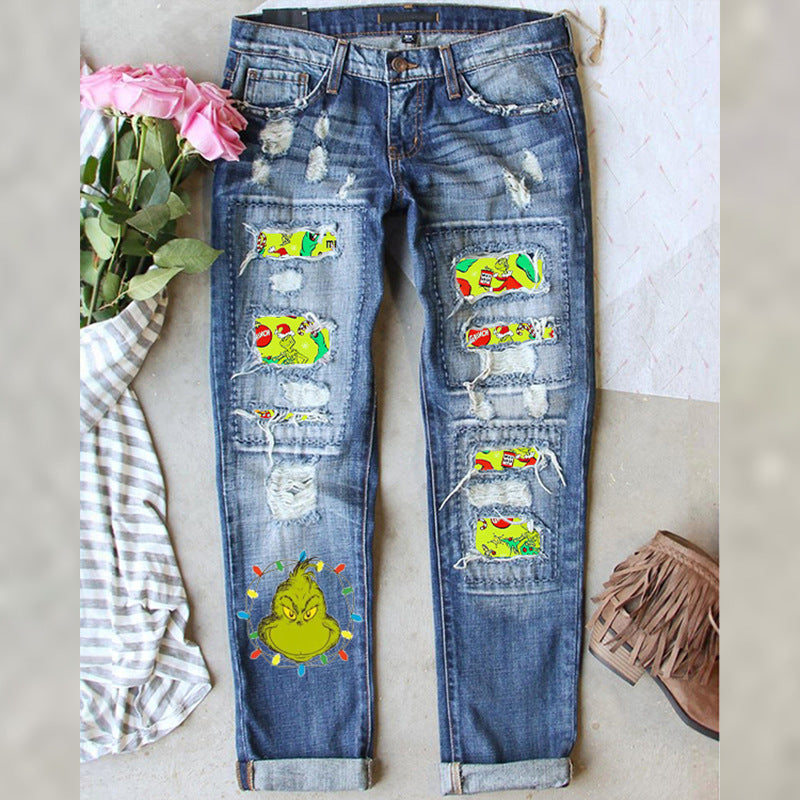 Women Christmas Grinch Distressed Denim Jeans