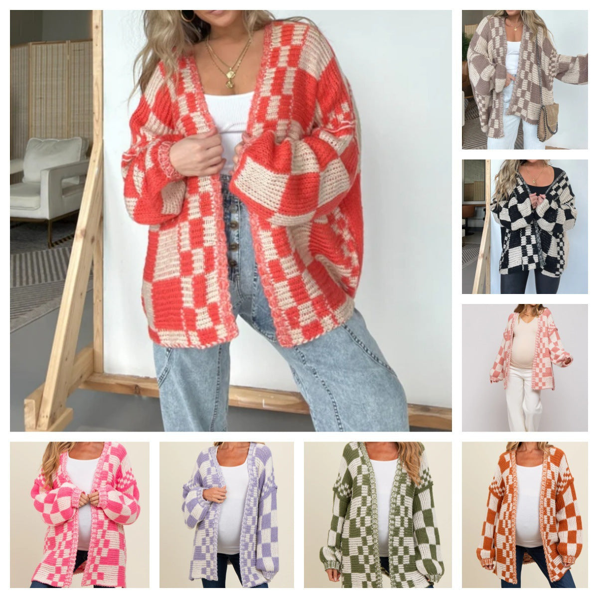 Women Checkered Knitted Sweater Cardigan