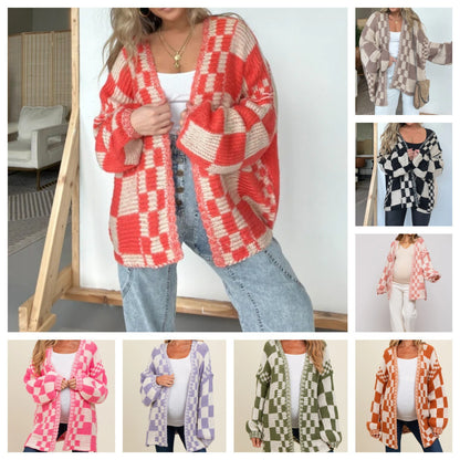Women Checkered Knitted Sweater Cardigan