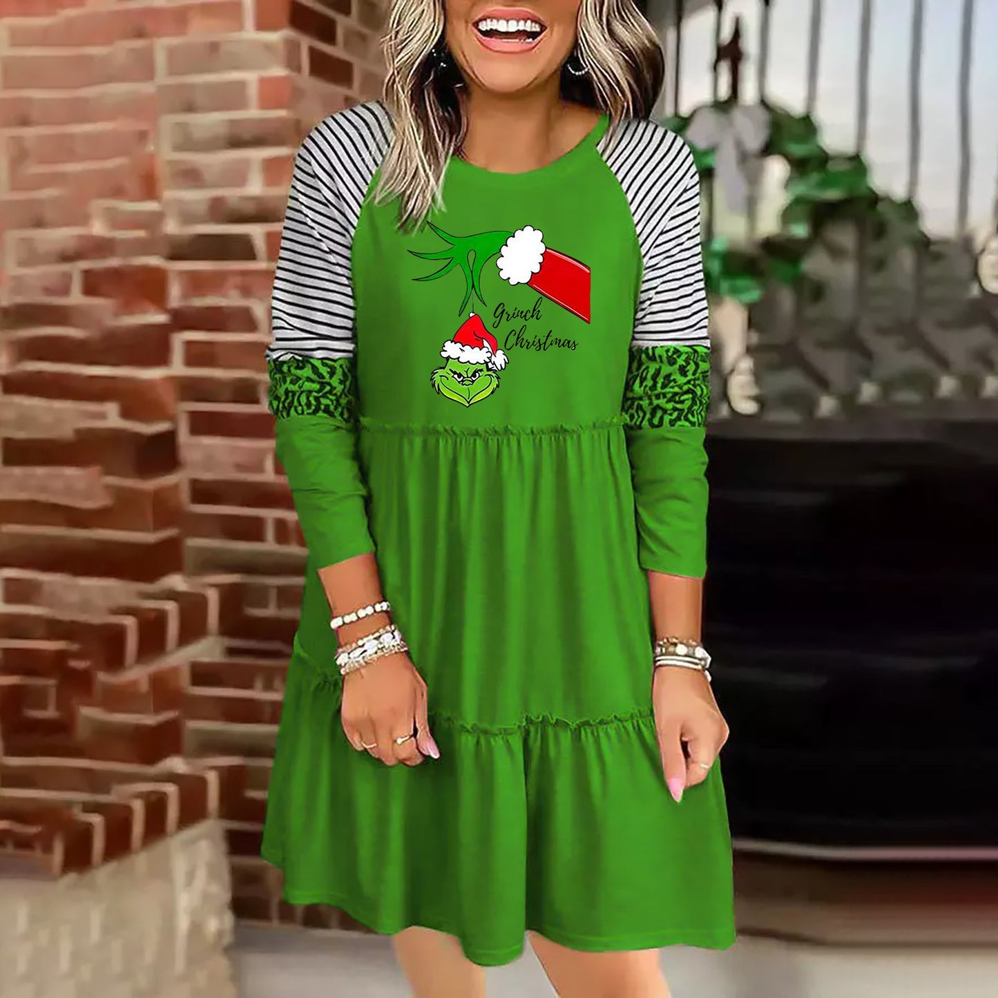 Women Christmas Grinch Long Sleeve Dress