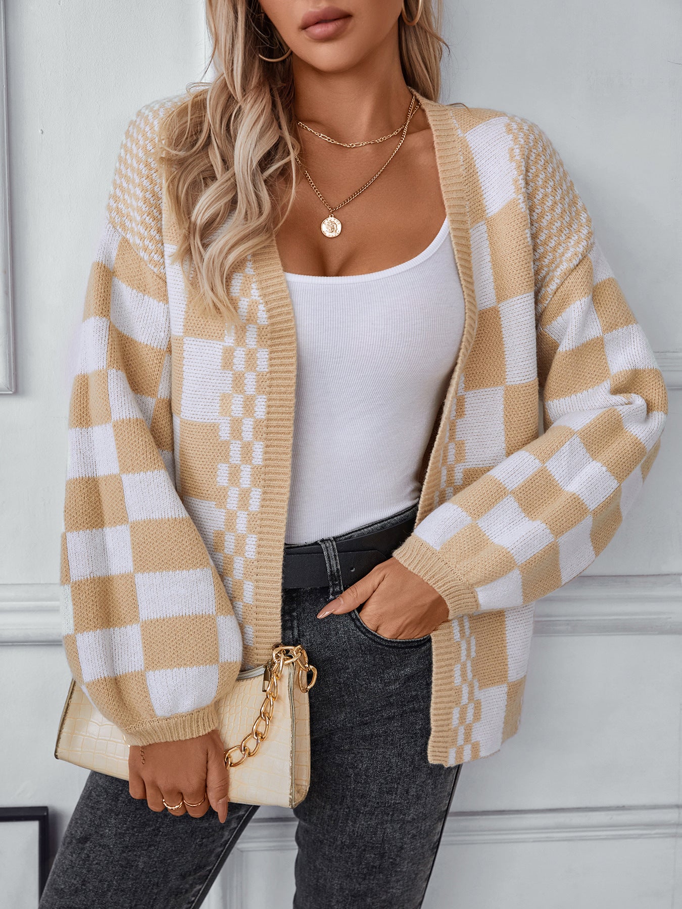 Autumn Winter Sweater Cardigan Women Fashion Checkered Cardigan