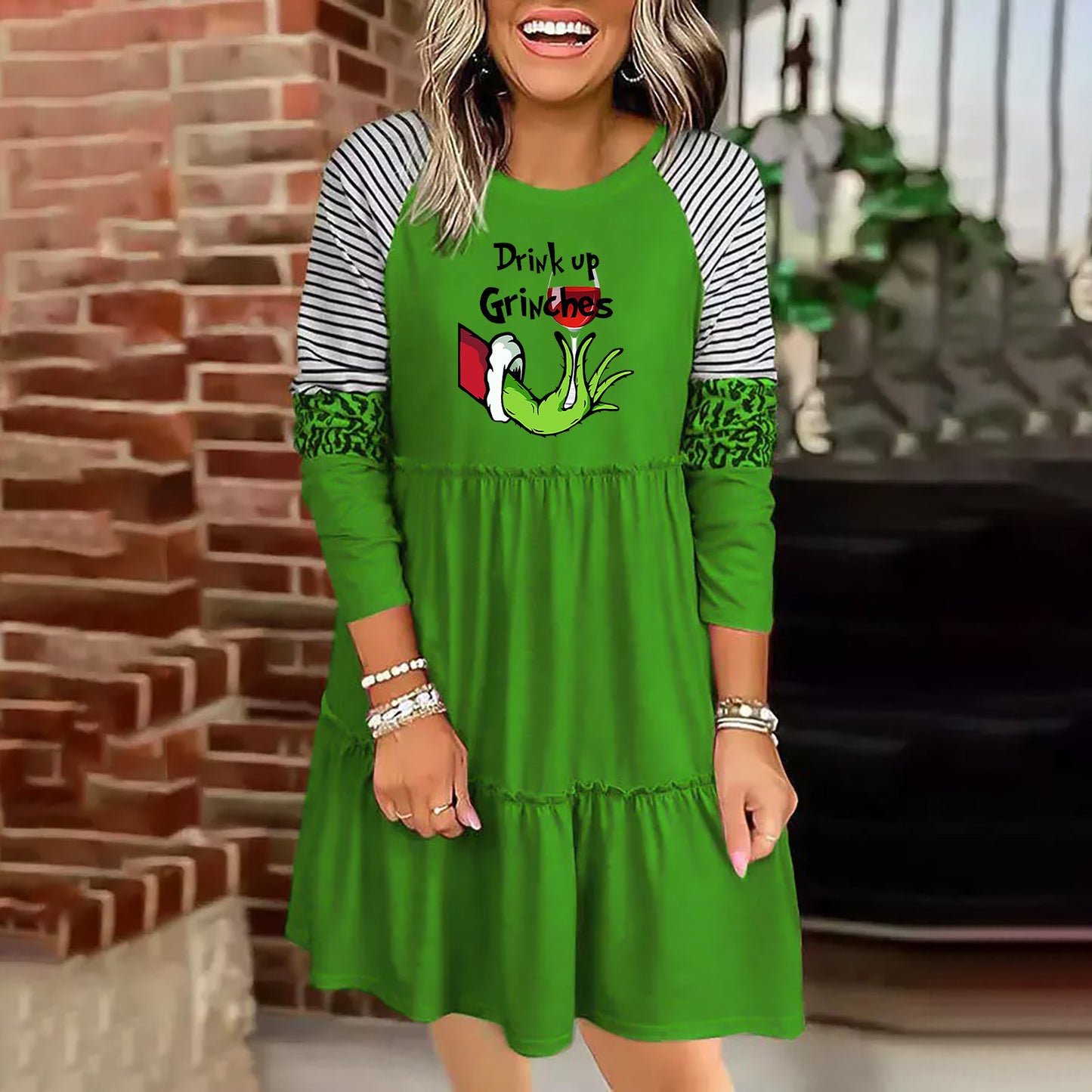 Women Christmas Grinch Long Sleeve Dress