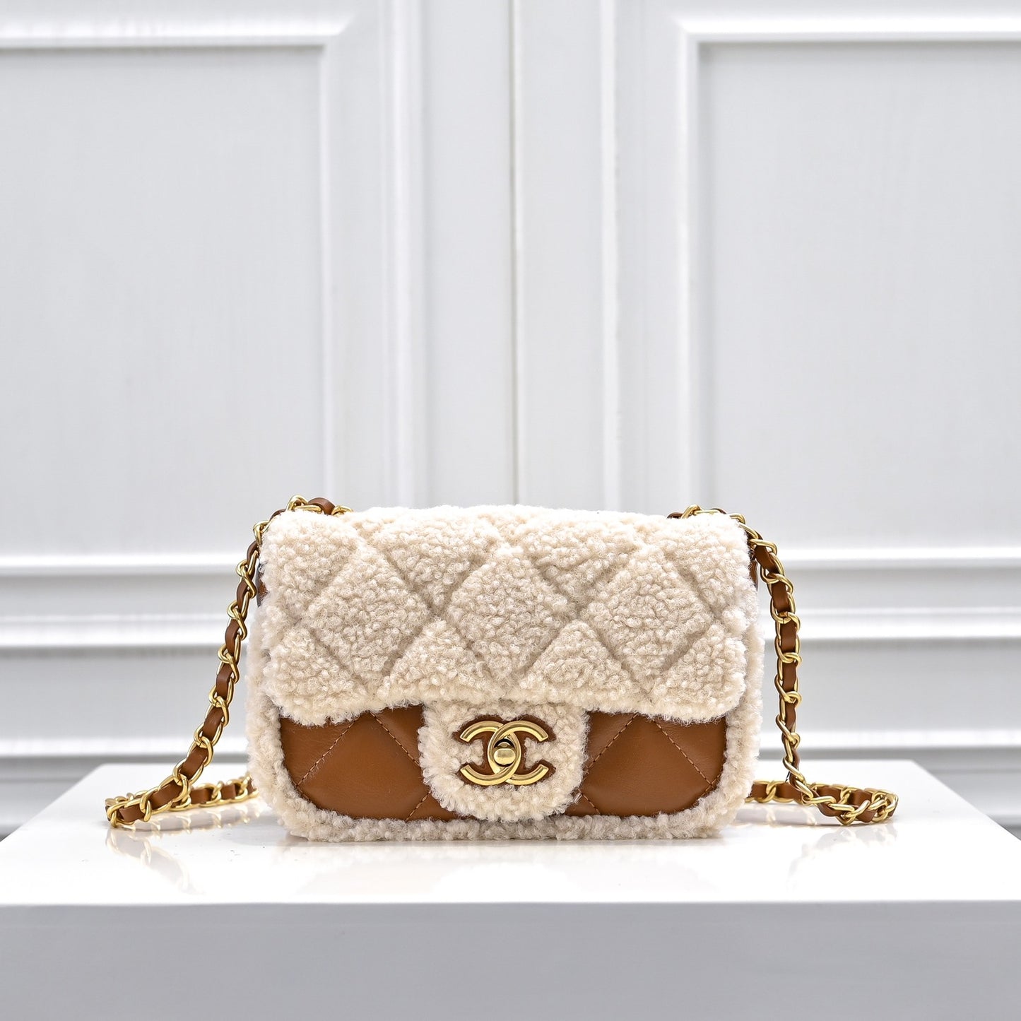 Shearling Lambskin Gold-Tone Metal Flap Bag