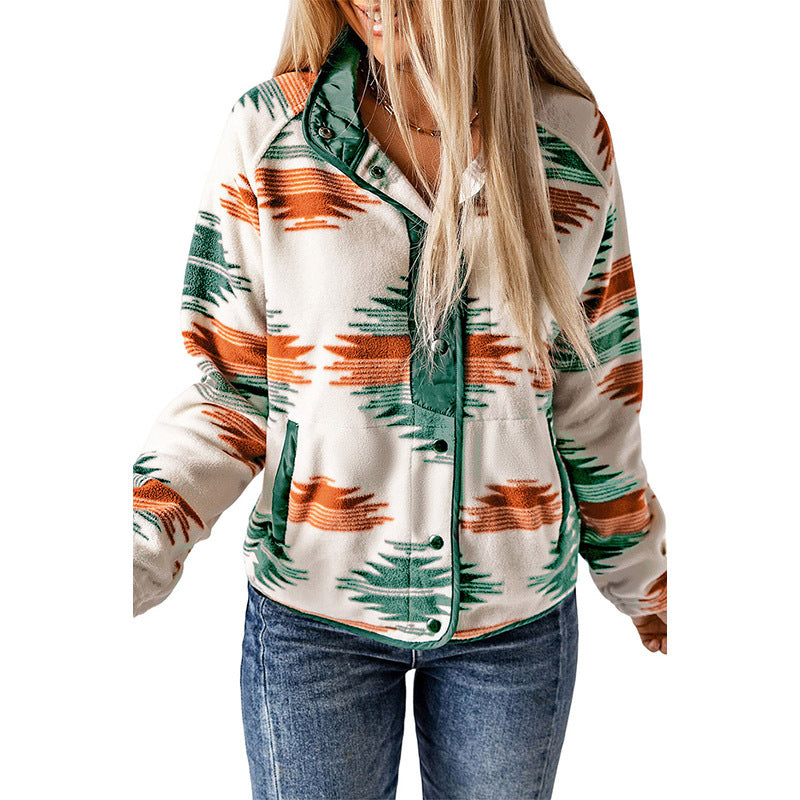 Aztec Print Stand Neck Snap Buttons Jacket