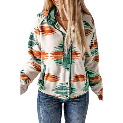 Aztec Print Stand Neck Snap Buttons Jacket