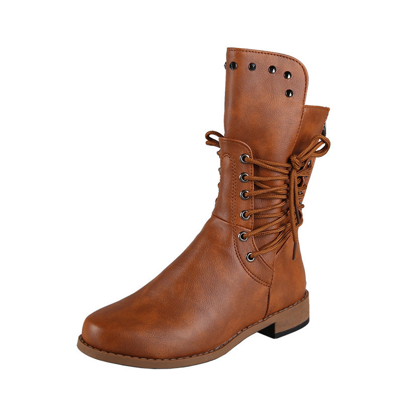 Lace Up Beaded Chunky Heel Mid Calf Boots