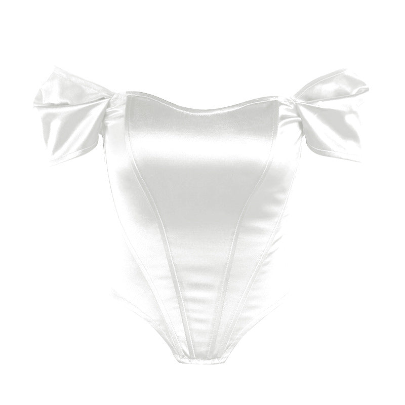 White satin off shoulder corset top