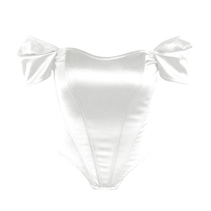 White satin off shoulder corset top