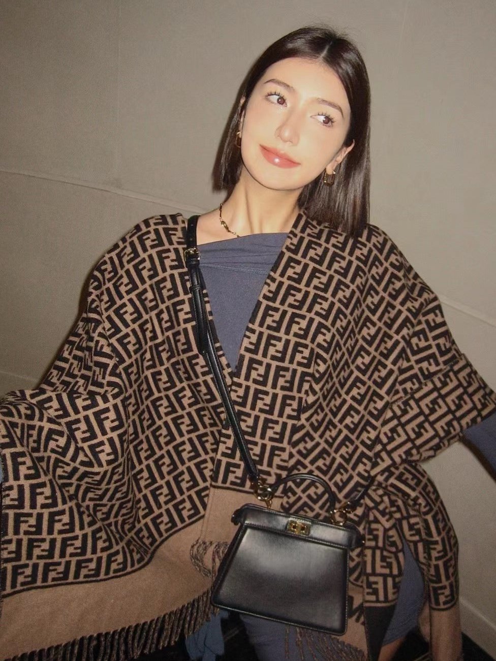 Brown Wool and Silk Shawl Wrap Poncho