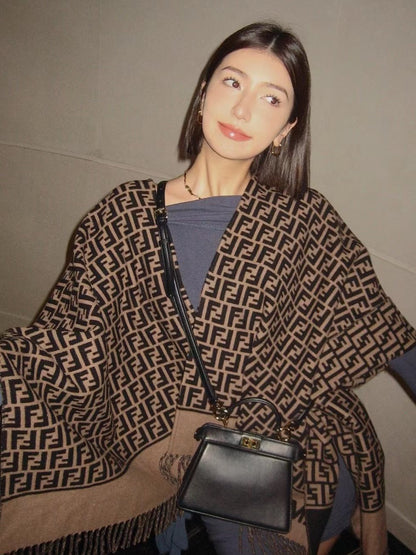 Brown Wool and Silk Shawl Wrap Poncho
