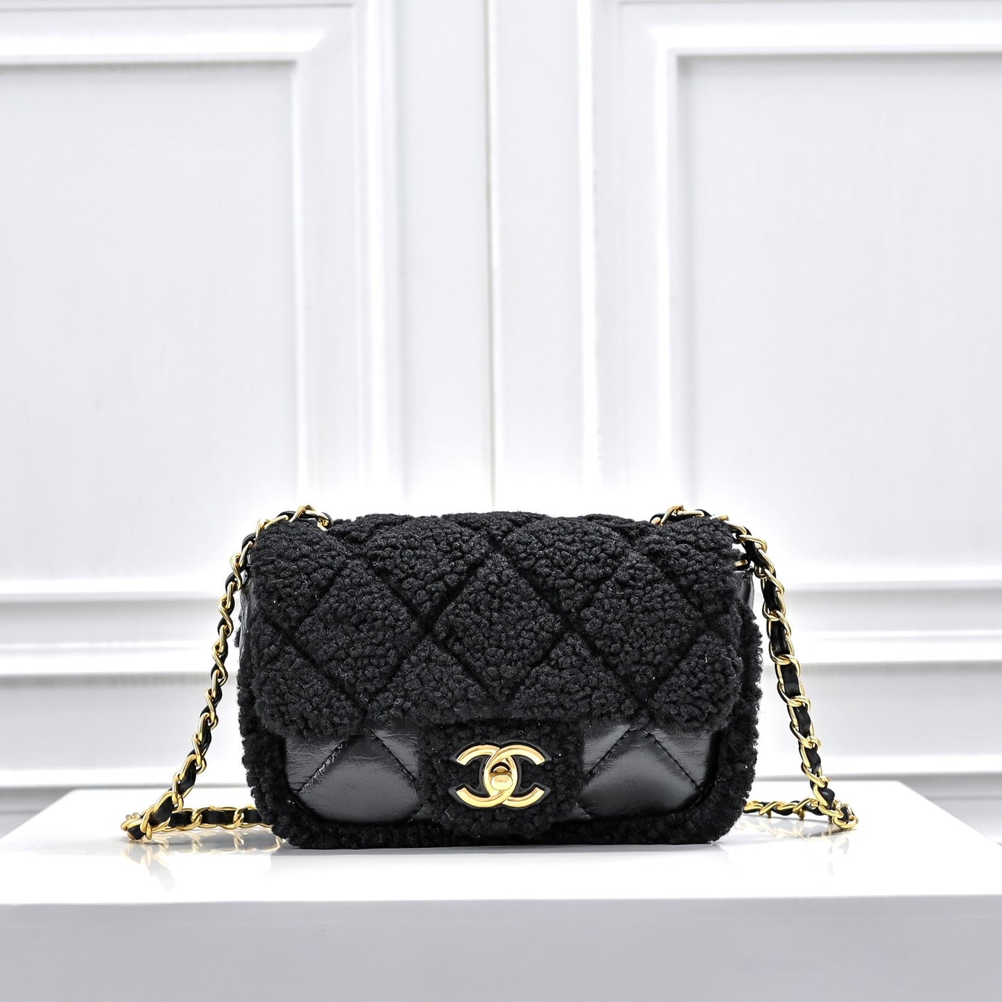 Shearling Lambskin Gold-Tone Metal Flap Bag